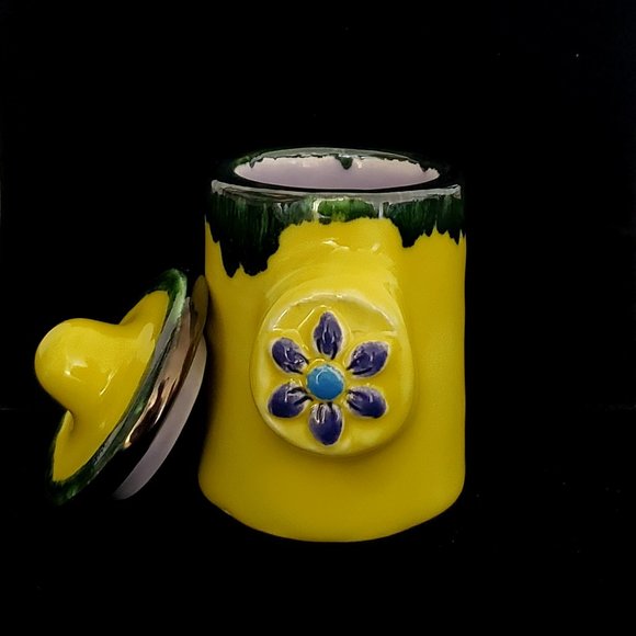 Handmade Small Ceramic Stash Jar in Bright Yellow with a Blue Flower - Picture 2 of 11